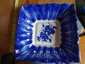 Square Ceramic Floral Fluted Bowl Cobalt Blue White Hand Painted Pottery 11"  - Picture 1 of 5