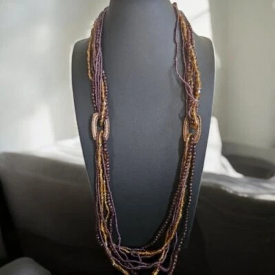 * Vintage Multi Strand Brown Glass Beaded and Copper Necklace - Image 1 of 4