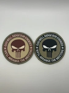 2 PIEZAS Calavera (Castigador) "DIOS JUZGARÁ, ORGANIZAREMOS REUNIÓN" PARCHE GANCHO 3.5" - Imagen 1 de 1