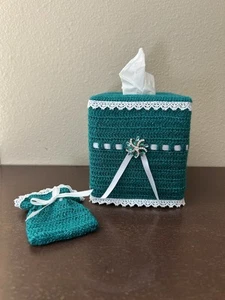 Handmade Crochet Kleenex Cover With Small Sachet Turquoise - Picture 1 of 9