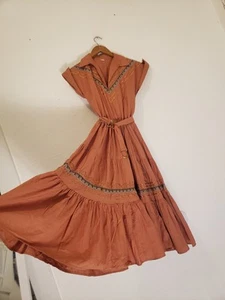 Vtg 50s Patio Fiesta Dress W Belt As Is Terra Cotton Bric Brac Sz S Southwestern - Picture 1 of 11