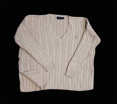 Polo Ralph Lauren Beige Tejido con Cable Cuello en V Calce Cuadrado Grande Foto 1 de 4