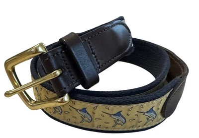 Cinturón de golf Vineyard Vines para hombre talla 36 amarillo azul marlins cuero marrón preppy Foto 1 de 4