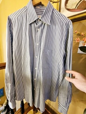 Brioni в полоску платье рубашка хлопок синий/белый/baby синий ручной работы Италии $850 - Изображение 1 из 4