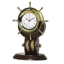 Bey-Berk Brass Ships Wheel Clock/Wood Base