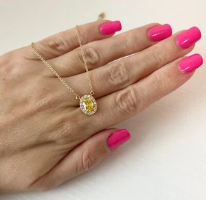 14K Yellow Gold Round Natural Diamond Fancy Yellow Oval Necklace 18" inch - Picture 1 of 4