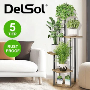 DelSol 5 Tier Wood Tall Plant Stand Metal Rack Flower Pot Holder Shelves Corner - Picture 1 of 10