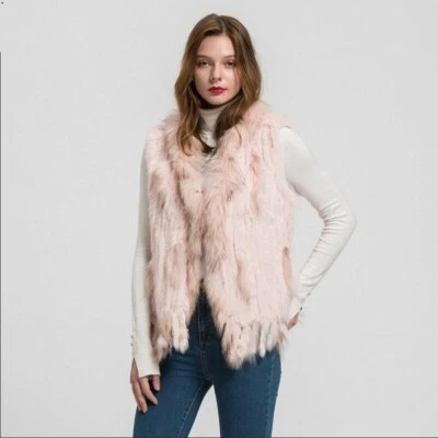 Fashion Lady Real Rabbit Classic Knitted Fur Vest Raccoon Collar Gilet Womens - Image 1 of 4