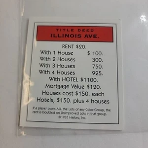 1998 Monopoly Deluxe Edition Game ILLINOIS AVE Deed Card Replacement Piece - Picture 1 of 2