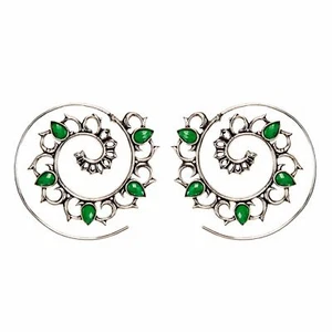 81stgeneration Threader Earrings Silver Brass Green Gemstone Flower Spiral - Imagen 1 de 10
