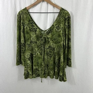 Fashion Bug Y2K Green Forest Geo Print Tie Babydoll 3/4 Sleeve Top Womens XL - Imagen 1 de 10