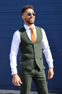 Mens Dak Green Waistcoat Wool Formal Wedding Work Office Prom Groom Vest - Picture 1 of 2