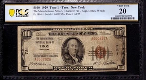 1929 $100 MANUFACTURERS NATIONAL BANK NOTE CURRENCY TROY NEW YORK PCGS B VF 20 - Picture 1 of 4