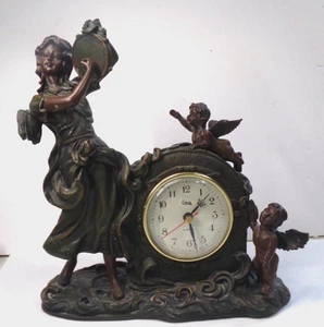 CROSA Mantle Quartz Clock ANGEL TAMBOURINE Carved Bronzed Resin 10.75" tall - Picture 1 of 18