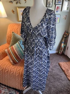 Rujuta Sheth Womens Floral Print Smocked Waist Kaftan Dress Blue Size S/M - Picture 1 of 15
