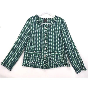 Cliche Sakko Damen grün blau weiß Tweed Fransenbesatz Knopfleiste Blazer XL - Bild 1 von 10