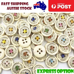 25pcs 15mm Buttons 4-Hole Daisy Flower Design Coloured Centre Intricate Natural - Bild 1 von 2