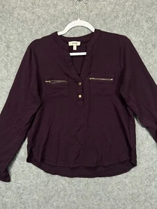 Muraki Womens Medium Purple Top Long Sleeve Henley Top Blouse Woven Textured - Picture 1 of 9
