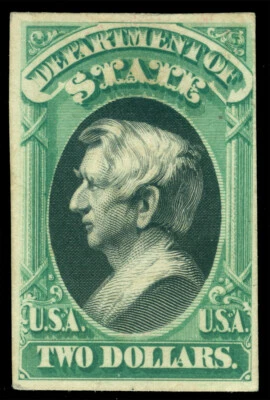 US 1873 OFFICIALS - State Depart. -Seward $2 grn  Sc# O68 plate proof on card pp - Image 1 of 2