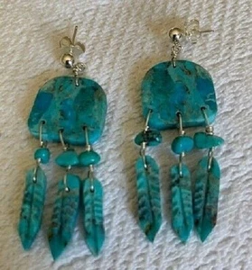 TURQUOISE SQUARE DANGLING ARROW PIERCED EARRINGS - Picture 1 of 12