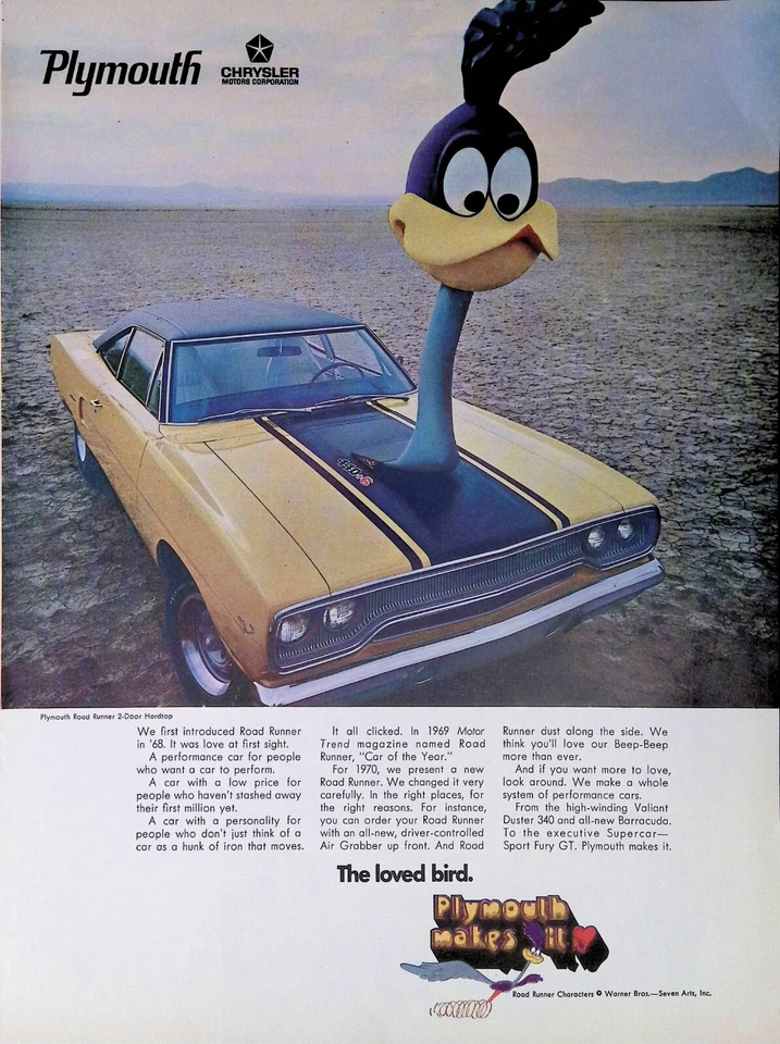Anuncio impreso Chrysler Plymouth Roadrunner 1969 amarillo 2 puertas techo rígido rayas 440 Foto 1 de 1