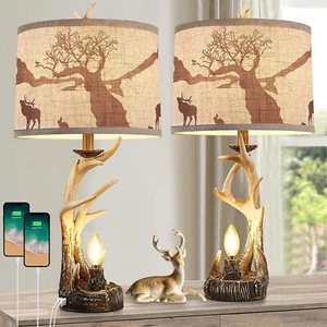 Rustic Antler Table Lamps Set of 2 with USB A+C Ports for Bedroom Farmhouse Deer - Picture 1 of 7
