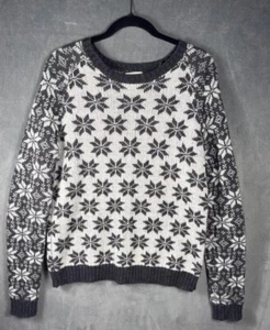Garnet Hill grau weiß Fair Isle Schneeflocke Wolle Alpaka Mischung Pullover Damen L - Bild 1 von 5
