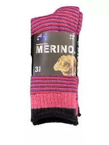 3 Pairs Australian Made Ladies MERINO WOOL SOCKS - Pink Stripe Size 2-8 - Picture 1 of 4