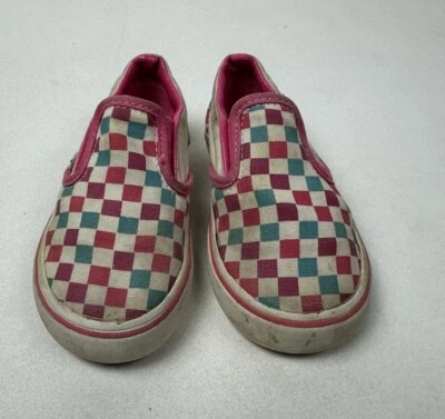 Zapatillas deportivas Vans para niñas pequeñas 8 sin cordones a cuadros rosa blanco verde azulado Foto 1 de 4