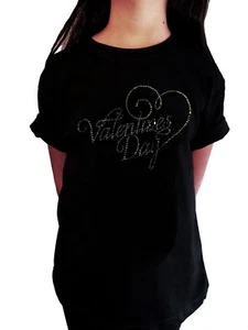 Girls Rhinestone T-Shirt " Valentines Day with Gray Heart in Script " - Picture 1 of 2