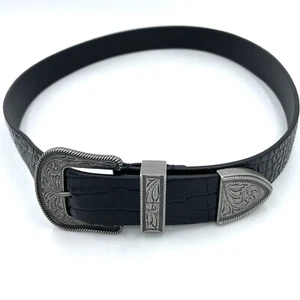 Lauren Ralph Lauren Western Belt Black Croc Embossed Silver Buckle Size L - Picture 1 of 13