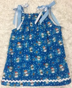 Handmade Girl's Pillowcase Dress Size 4-5 Snowmen Snowflakes Blue White Multi - Picture 1 of 4