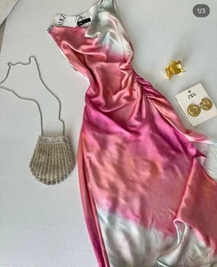 Zara Pink White Multi Tie Dye Print Midi Satin Dress Size S BNWT 8346/201 - Picture 1 of 5