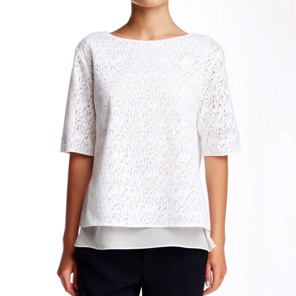 Blusa Vince blanca encaje seda superpuesta manga codo talla pequeña Foto 1 de 4