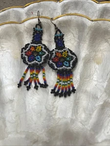 Handmade Native Beaded Shield Chandelier Pierced Dangle Earrings - Picture 1 of 6