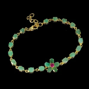 925 Sterling Silver Bracelet Oval Emerald Ruby Flower Gemstone Jewelry 8inches - Picture 1 of 13