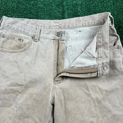 Винтажные мужские заклепанные джинсы Lee 33x29 дюймов светло-коричневые серебристые с вкладкой на молнии прямые 90-е - Изображение 1 из 4