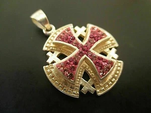 2Ct Round Red Ruby Diamond Jerusalem Cross Pendant & Chain 14K Yellow Gold Over - Picture 1 of 4
