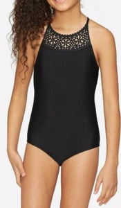 NWT JUSTICE Girl's Swimsuit Laser Cut High Neck One Piece Swim 6 7 8 Black NEW - Picture 1 of 2