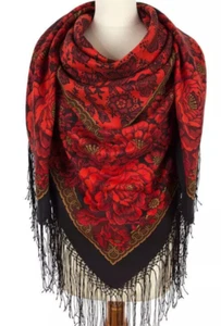 58'' scarf merino wool Russian square shawl red roses stole Pavlovo Posad 1977 - Picture 1 of 53