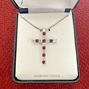 925 Sterling Silber Granat & Kubik Kreuz Halskette 9" Kette - Bild 1 von 7