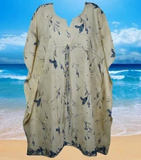 Womens Caftan Dresses, Mid length Kaftan Beige Floral, Printed Beach Dress L-4XL