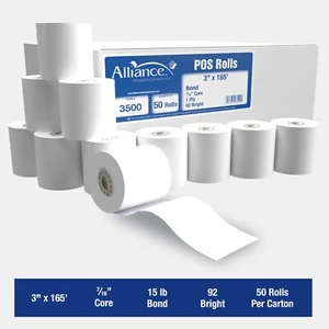 Rollos de recibo de papel Alliance Bond de 3" x 165' rollos de enlace - 50 rollos - Imagen 1 de 7