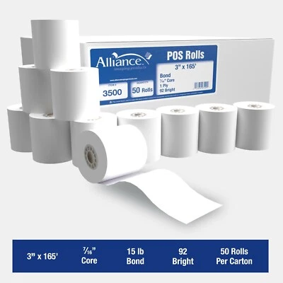 Alliance Bond Paper Receipt Rolls 3" x 165' Bond Rolls - 50 Rolls