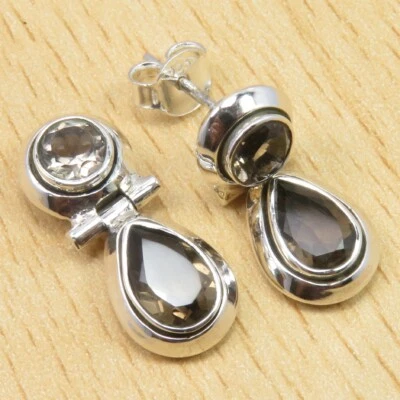 Deco Jewellery SMOKY QUARTZ Earrings 0.9" Gift For Mother 925 Solid Stamp Silver - Image 1 of 2
