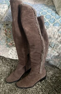 Womens Suede Over The Knee Pull On Fashion Boots Taupe Brown Size 4 - Picture 1 of 17