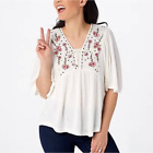 Haute Hippie Tribe "Willow" Floral Embroidered Peasant Boho Flowy Top Sz L