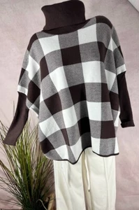 kastiger oversized Strick Pullover KARO Muster Rollkragen BRAUN WEIß 38 40 42 44 - Bild 1 von 8