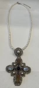 Collana di perle con ciondolo croce filigrana multi gemma argento sterling Nicky Butler NB - Foto 1 di 8
