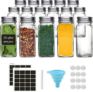 12 X Glass Spice Jars With Shaker Lids Storage Bottles Containers Pots Airtight